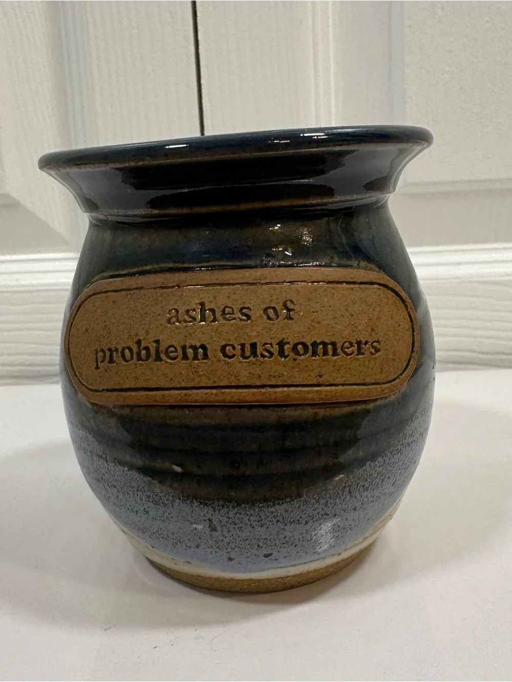 Funny Stoneware Vase Crock “Ashes of Problem Customers” Blue Pottery Decor